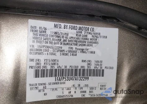 2007 Ford Taurus Se from USA, damaged, VIN 1FAFP53U47A132299